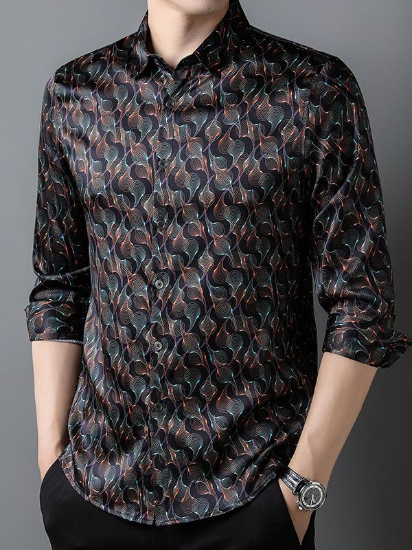 Men's Long Sleeve Black Wave Print Silk Dress Shirt