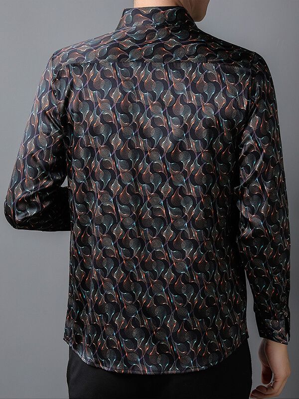 Men's Long Sleeve Black Wave Print Silk Dress Shirt