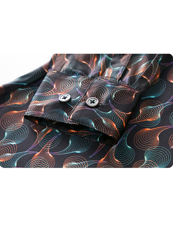 Men's Long Sleeve Black Wave Print Silk Dress Shirt