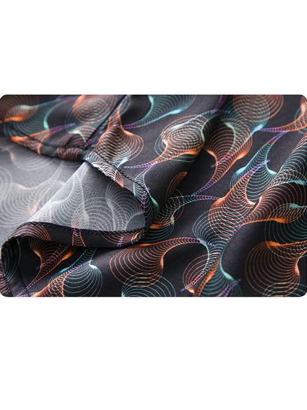 Men's Long Sleeve Black Wave Print Silk Dress Shirt