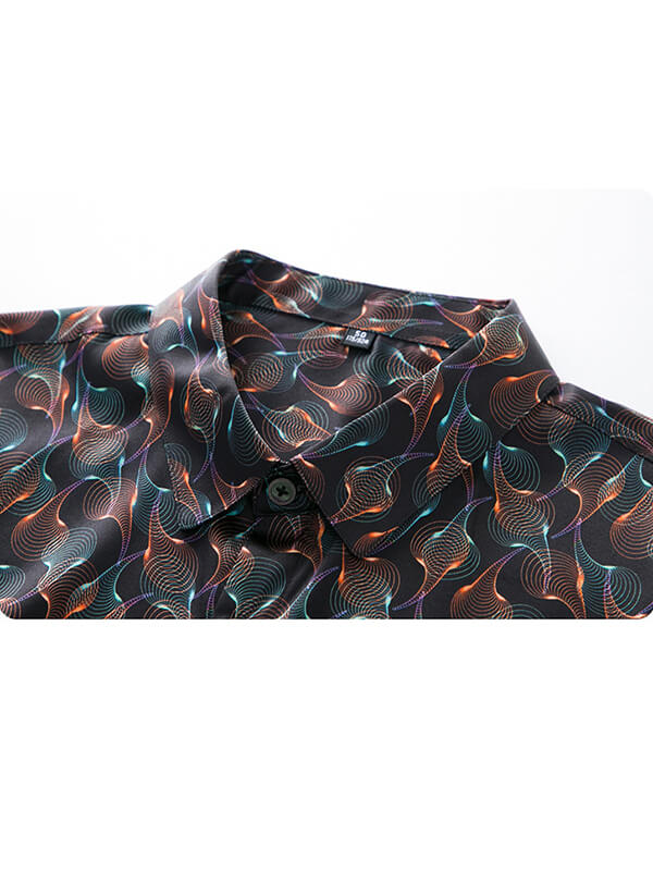 Men's Long Sleeve Black Wave Print Silk Dress Shirt