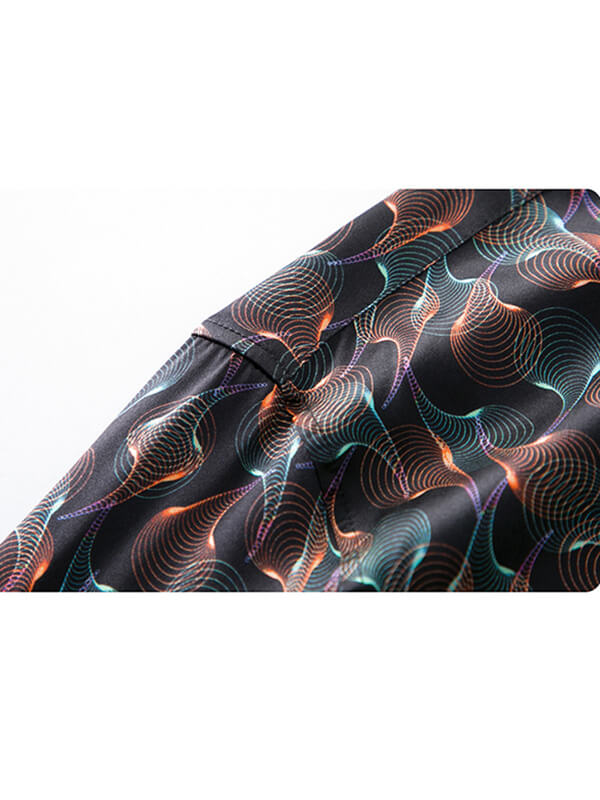 Men's Long Sleeve Black Wave Print Silk Dress Shirt