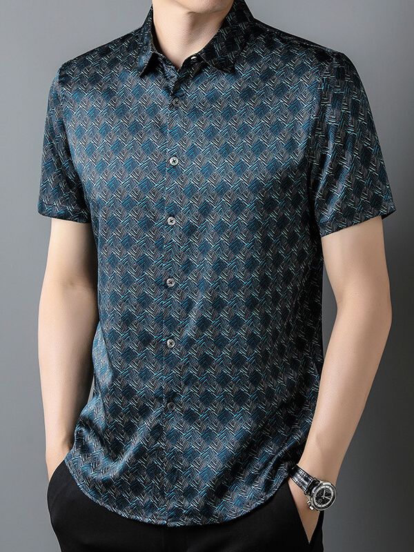 Men's Short Sleeve Geometric Print Teal Blue Silk Dress Shirt