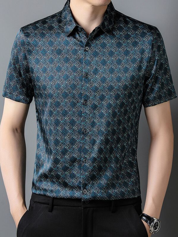 Men's Short Sleeve Geometric Print Teal Blue Silk Dress Shirt