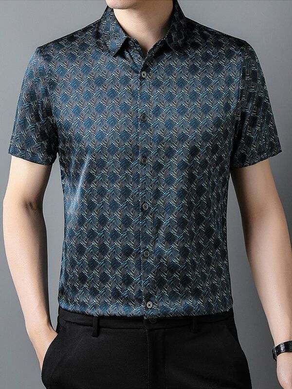 Men's Short Sleeve Geometric Print Teal Blue Silk Dress Shirt