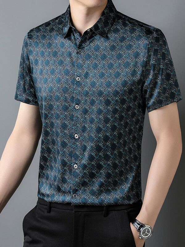 Men's Short Sleeve Geometric Print Teal Blue Silk Dress Shirt