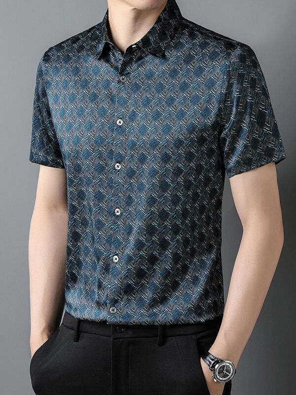 Men's Short Sleeve Geometric Print Teal Blue Silk Dress Shirt