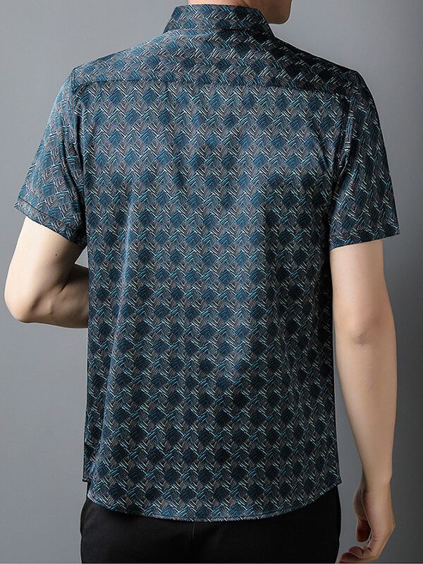 Men's Short Sleeve Geometric Print Teal Blue Silk Dress Shirt