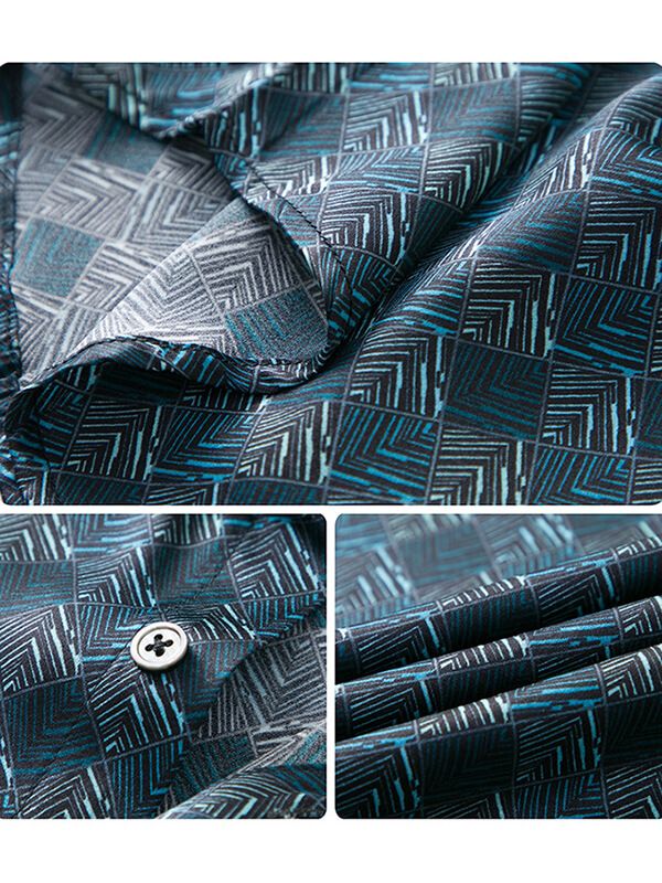 Men's Short Sleeve Geometric Print Teal Blue Silk Dress Shirt