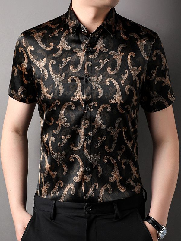 Men's Black and Gold Paisley Short Sleeve Silk Dress Shirt