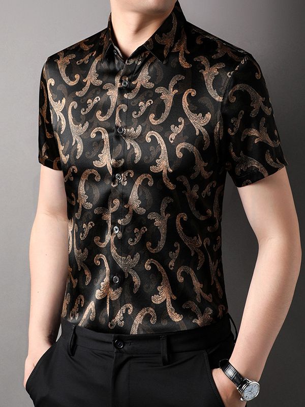 Men's Black and Gold Paisley Short Sleeve Silk Dress Shirt