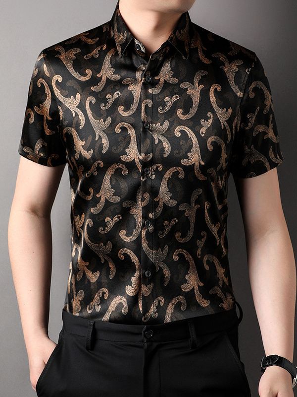 Men's Black and Gold Paisley Short Sleeve Silk Dress Shirt