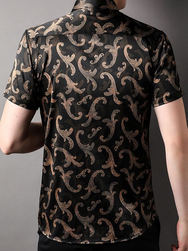 Men's Black and Gold Paisley Short Sleeve Silk Dress Shirt