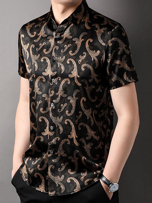 Men's Black and Gold Paisley Short Sleeve Silk Dress Shirt