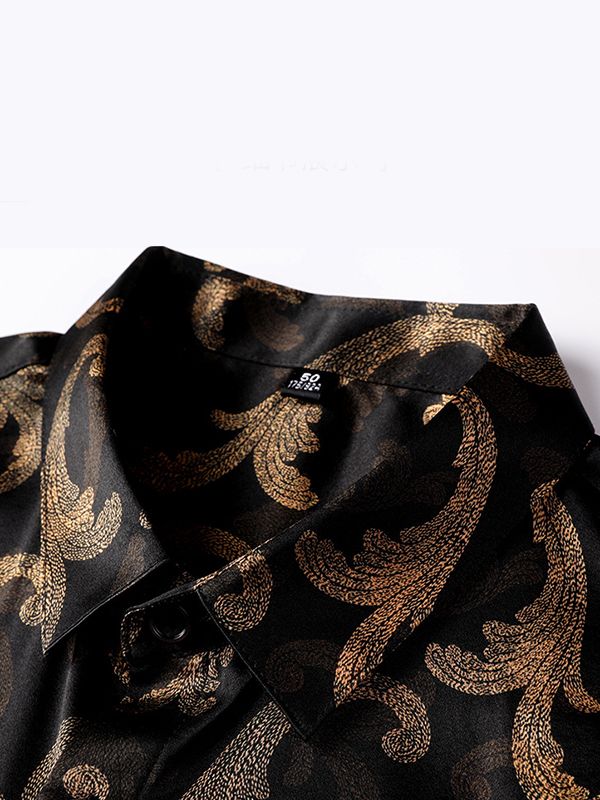 Men's Black and Gold Paisley Short Sleeve Silk Dress Shirt