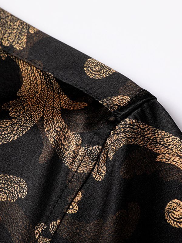 Men's Black and Gold Paisley Short Sleeve Silk Dress Shirt