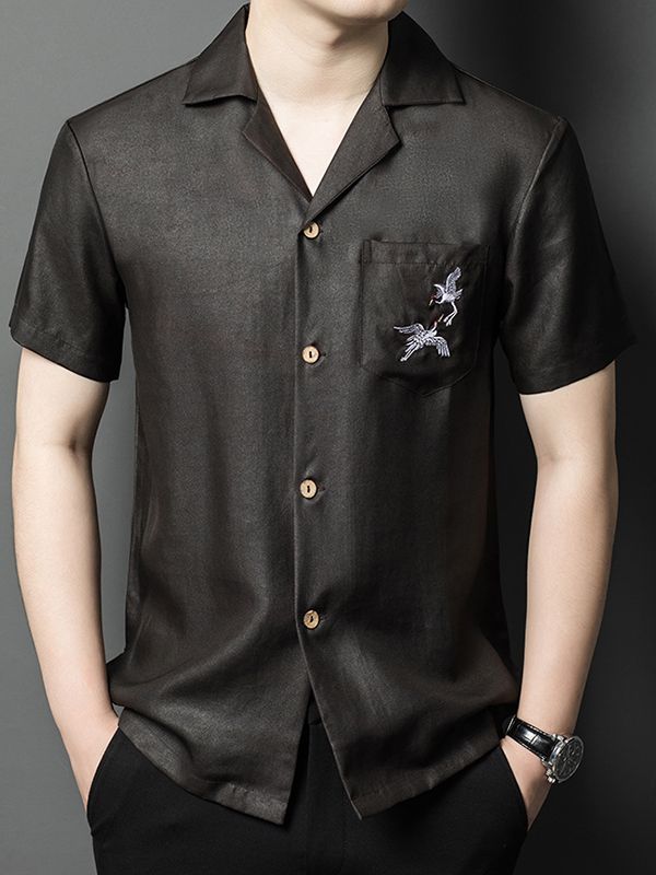 Men's Black Silk Camp Collar Shirt with Embroidered Crane Pocket