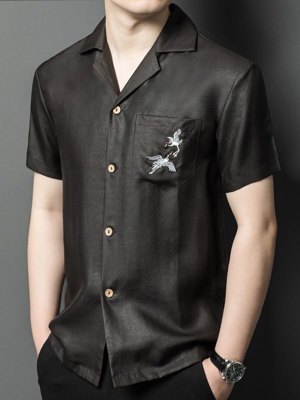 Men's Black Silk Camp Collar Shirt with Embroidered Crane Pocket