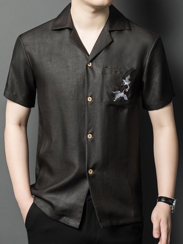 Men's Black Silk Camp Collar Shirt with Embroidered Crane Pocket