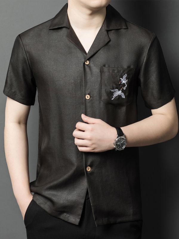 Men's Black Silk Camp Collar Shirt with Embroidered Crane Pocket