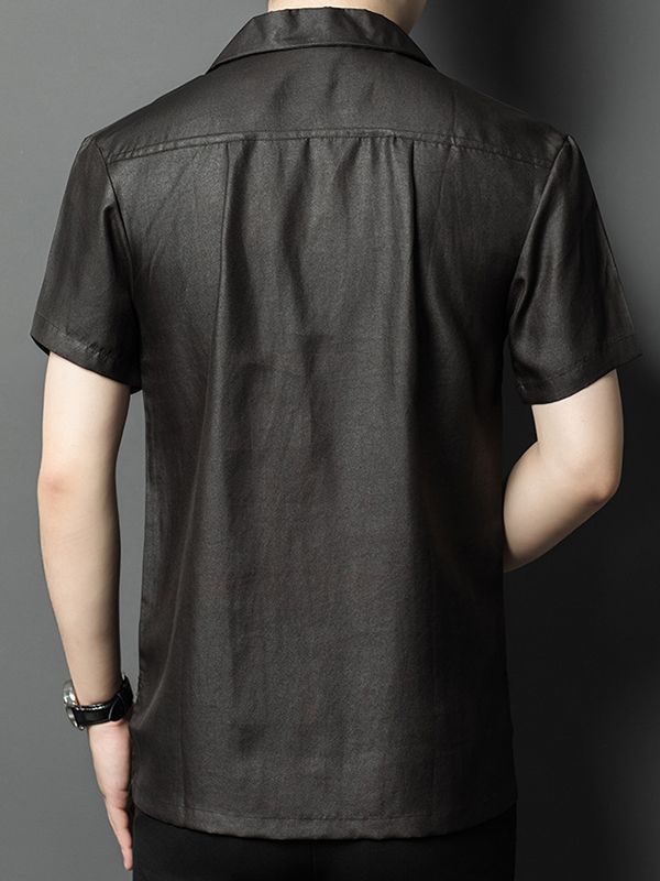 Men's Black Silk Camp Collar Shirt with Embroidered Crane Pocket