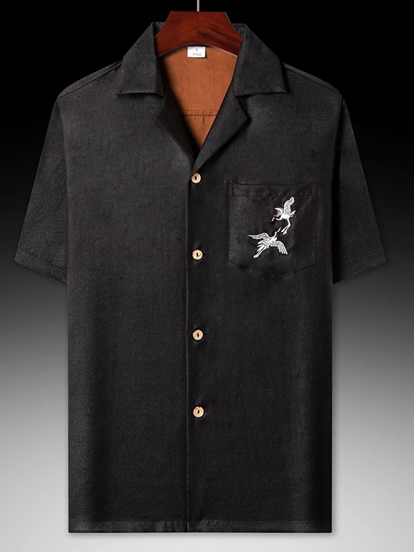 Men's Black Silk Camp Collar Shirt with Embroidered Crane Pocket