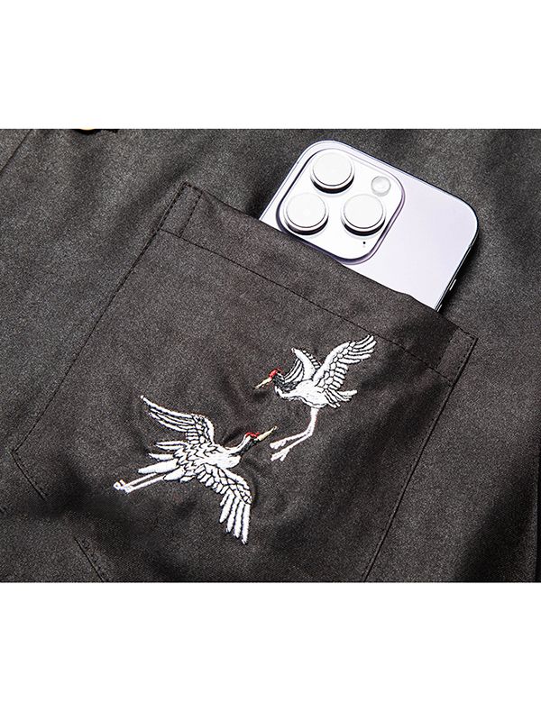 Men's Black Silk Camp Collar Shirt with Embroidered Crane Pocket