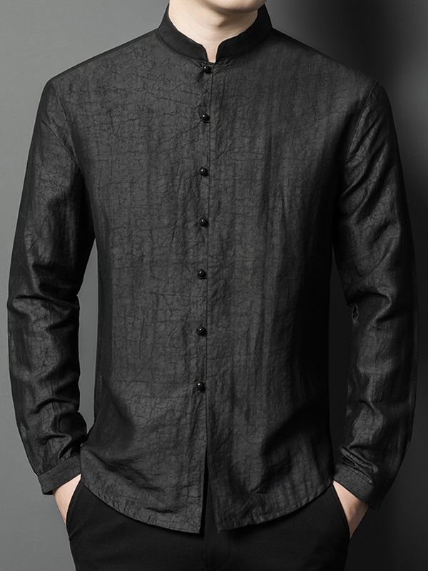 Men's Black Long Sleeve Mandarin Collar Silk Button-Up Shirt