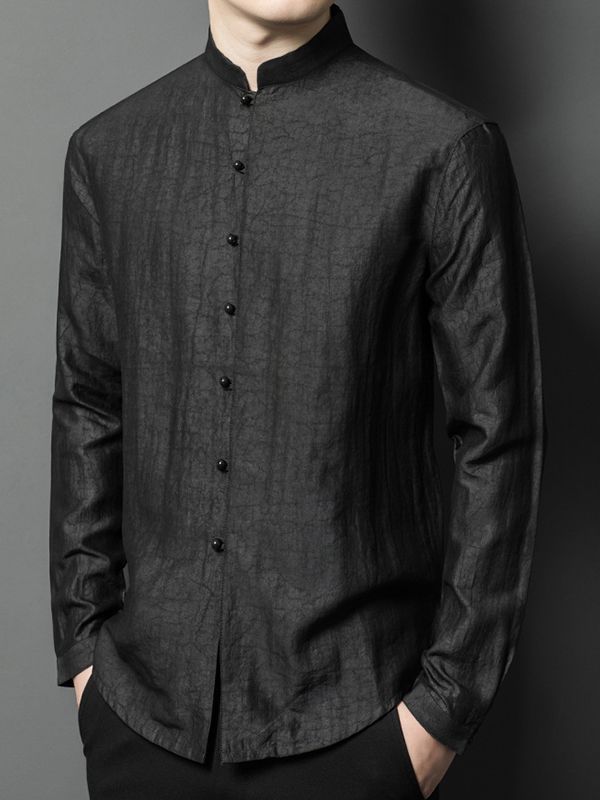 Men's Black Long Sleeve Mandarin Collar Silk Button-Up Shirt