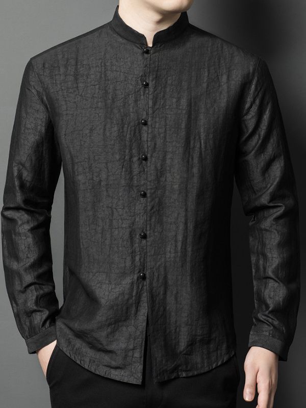 Men's Black Long Sleeve Mandarin Collar Silk Button-Up Shirt