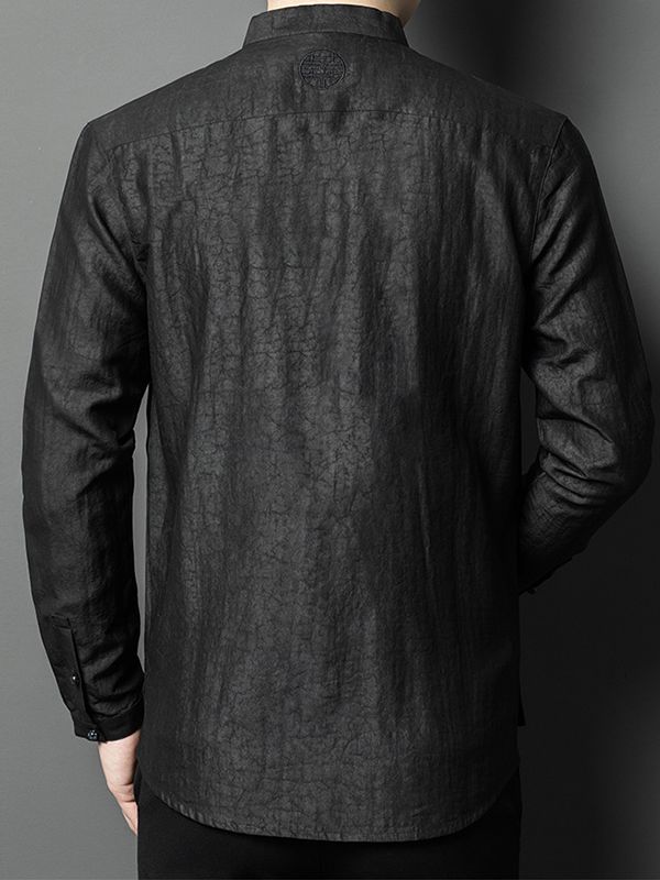 Men's Black Long Sleeve Mandarin Collar Silk Button-Up Shirt