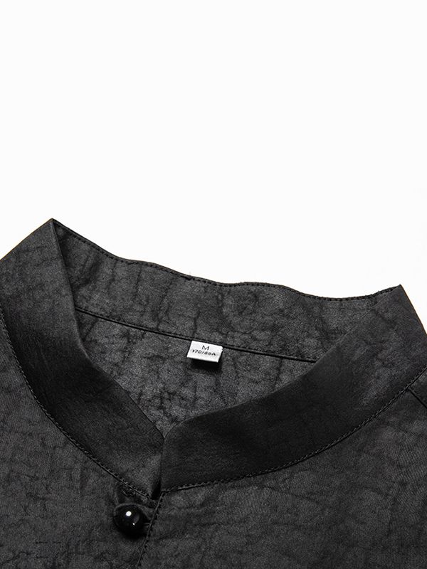 Men's Black Long Sleeve Mandarin Collar Silk Button-Up Shirt