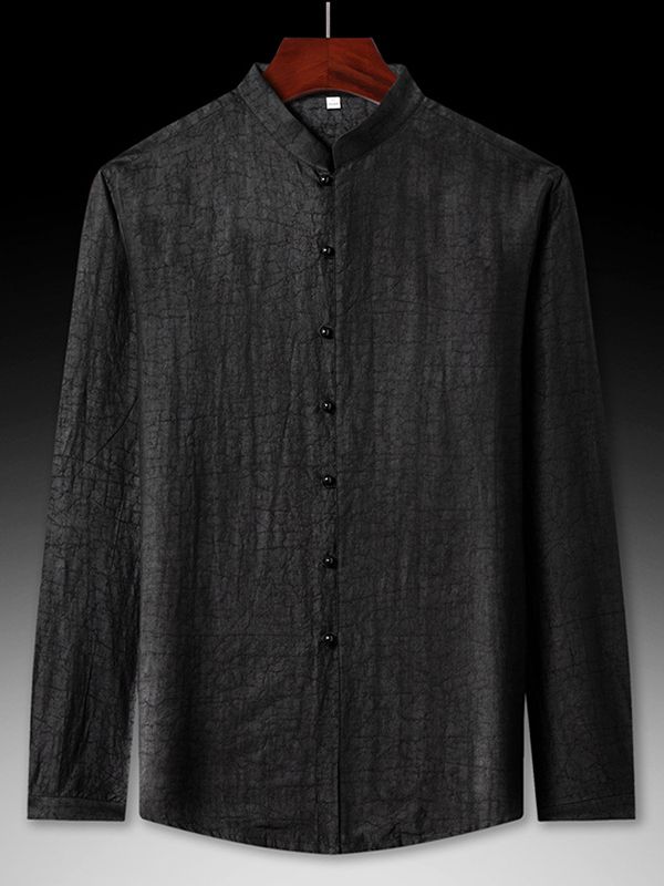 Men's Black Long Sleeve Mandarin Collar Silk Button-Up Shirt