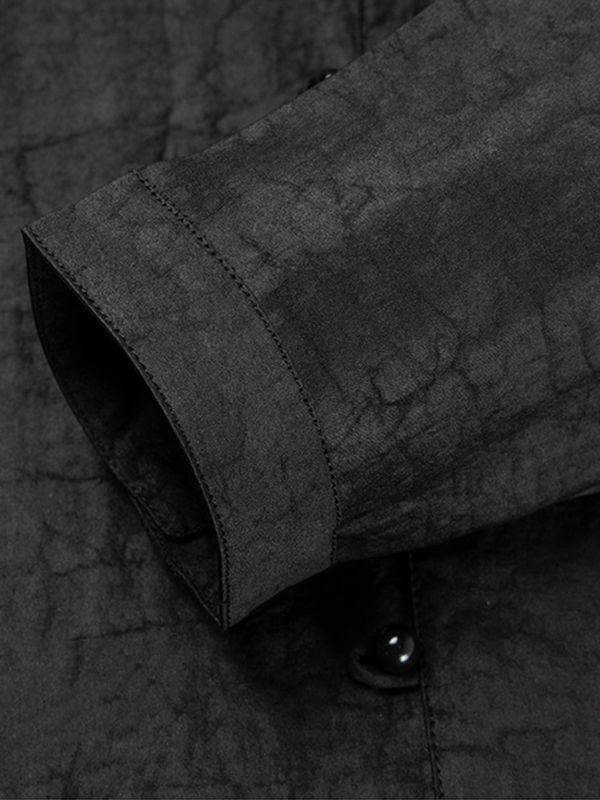 Men's Black Long Sleeve Mandarin Collar Silk Button-Up Shirt