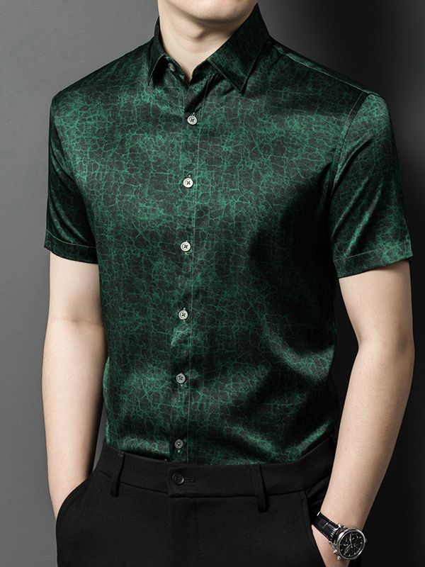 Men's Short Sleeve Cracked Marble Pattern Button-Up Silk Shirt