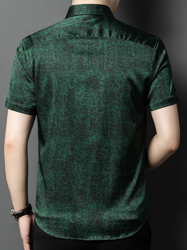 Men's Short Sleeve Cracked Marble Pattern Button-Up Silk Shirt