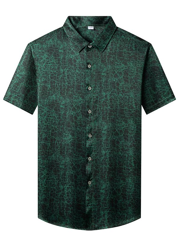Men's Short Sleeve Cracked Marble Pattern Button-Up Silk Shirt