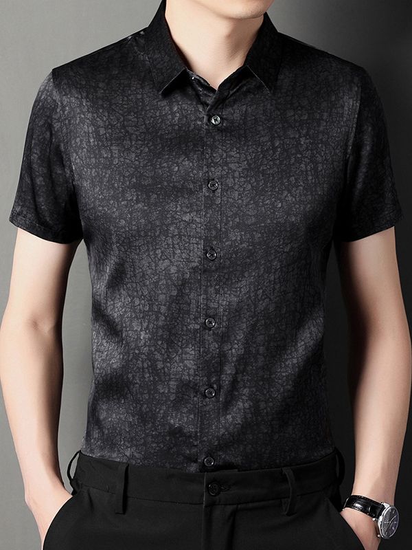 Men's Short Sleeve Cracked Marble Pattern Button-Up Silk Shirt