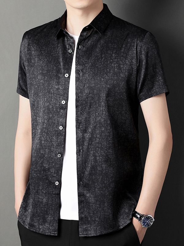 Men's Short Sleeve Cracked Marble Pattern Button-Up Silk Shirt