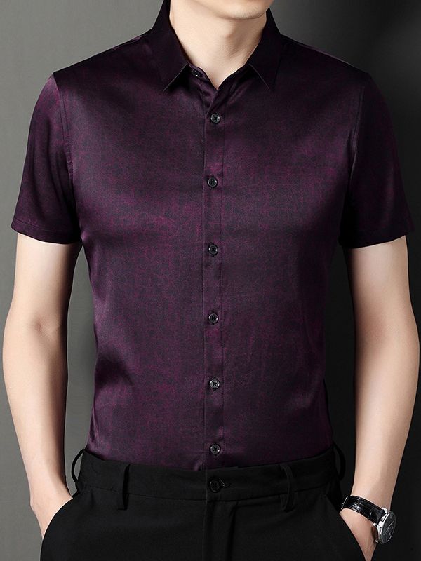 Men's Short Sleeve Cracked Marble Pattern Button-Up Silk Shirt