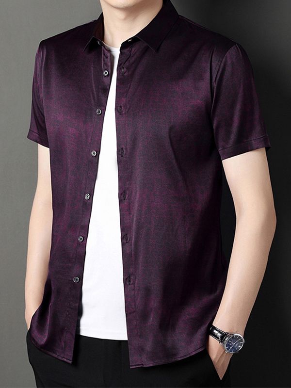 Men's Short Sleeve Cracked Marble Pattern Button-Up Silk Shirt