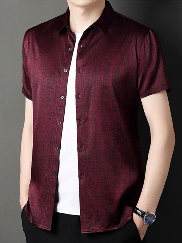Men's Short Sleeve Cracked Marble Pattern Button-Up Silk Shirt