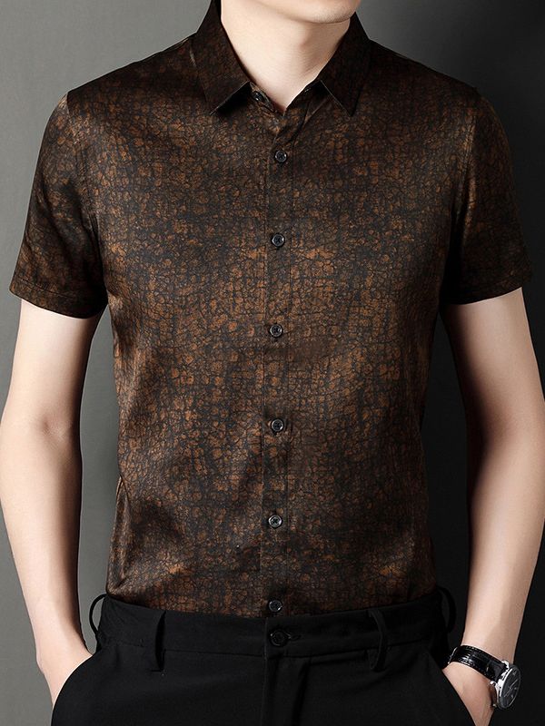 Men's Short Sleeve Cracked Marble Pattern Button-Up Silk Shirt
