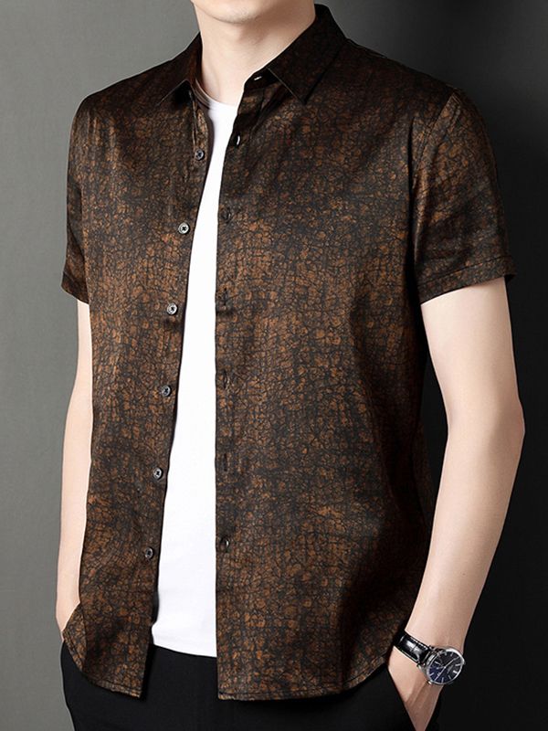 Men's Short Sleeve Cracked Marble Pattern Button-Up Silk Shirt