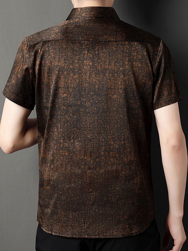 Men's Short Sleeve Cracked Marble Pattern Button-Up Silk Shirt