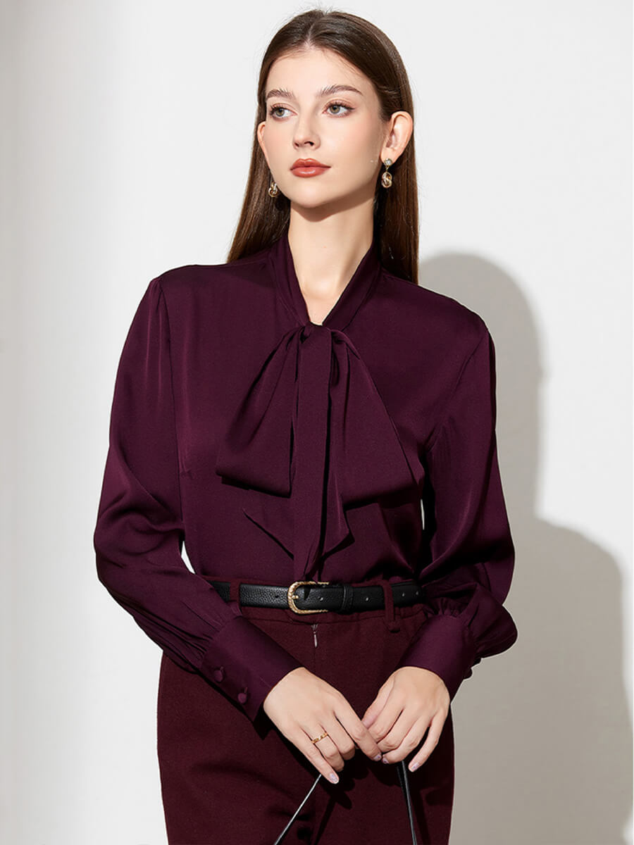 Stretchable Mulberry Silk Bow-Tie Long Sleeve Women Silk Blouse
