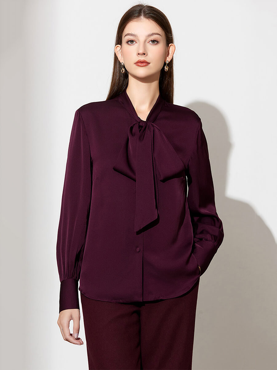 Stretchable Mulberry Silk Bow-Tie Long Sleeve Women Silk Blouse