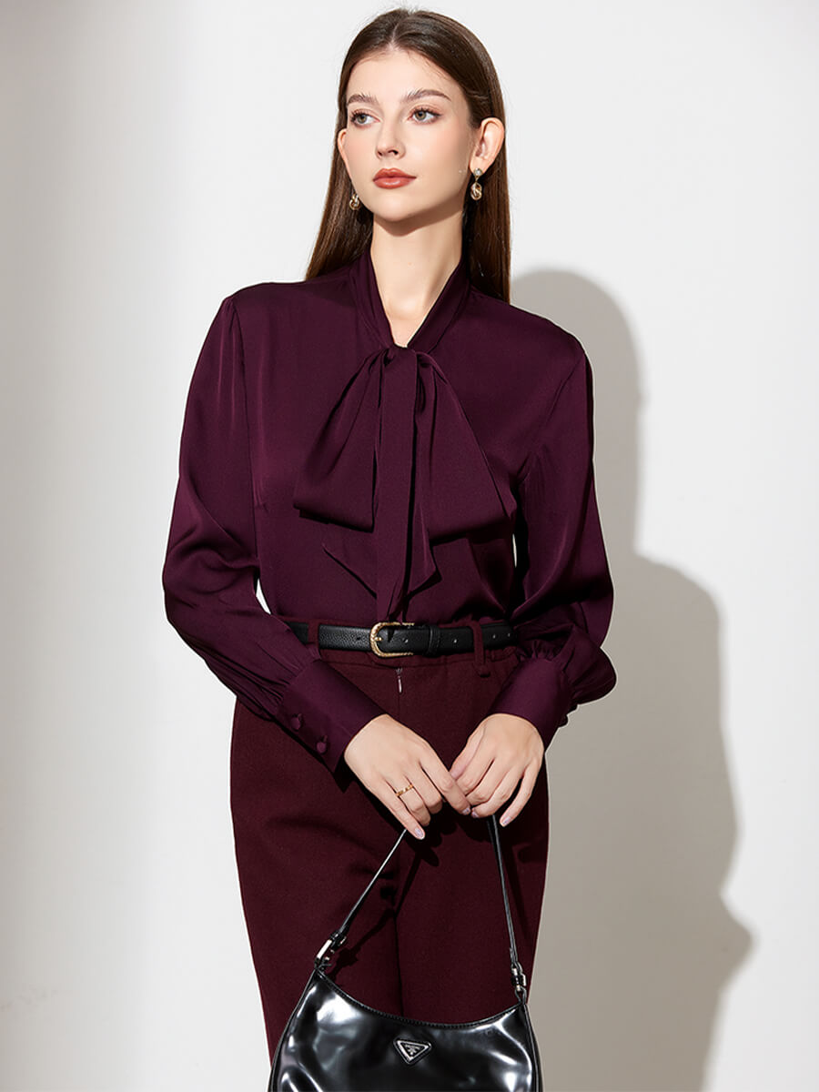 Stretchable Mulberry Silk Bow-Tie Long Sleeve Women Silk Blouse
