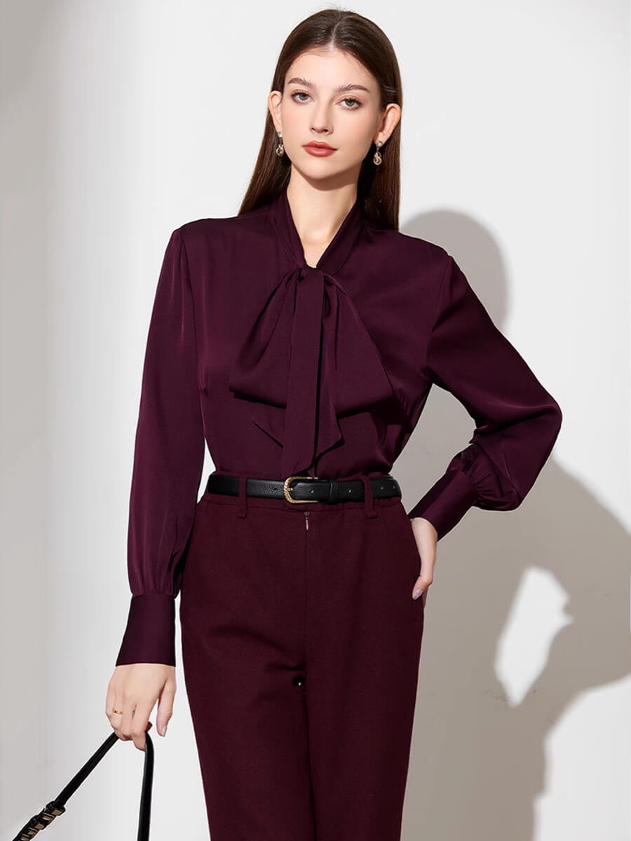 Stretchable Mulberry Silk Bow-Tie Long Sleeve Women Silk Blouse