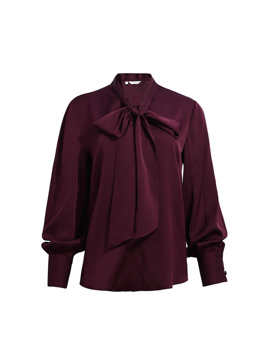 Stretchable Mulberry Silk Bow-Tie Long Sleeve Women Silk Blouse